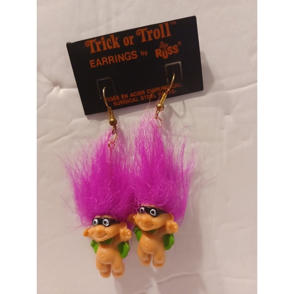 Russ TROLL SUPER-HERO EARRINGS Halloween Costume Jewelry Purple Hair